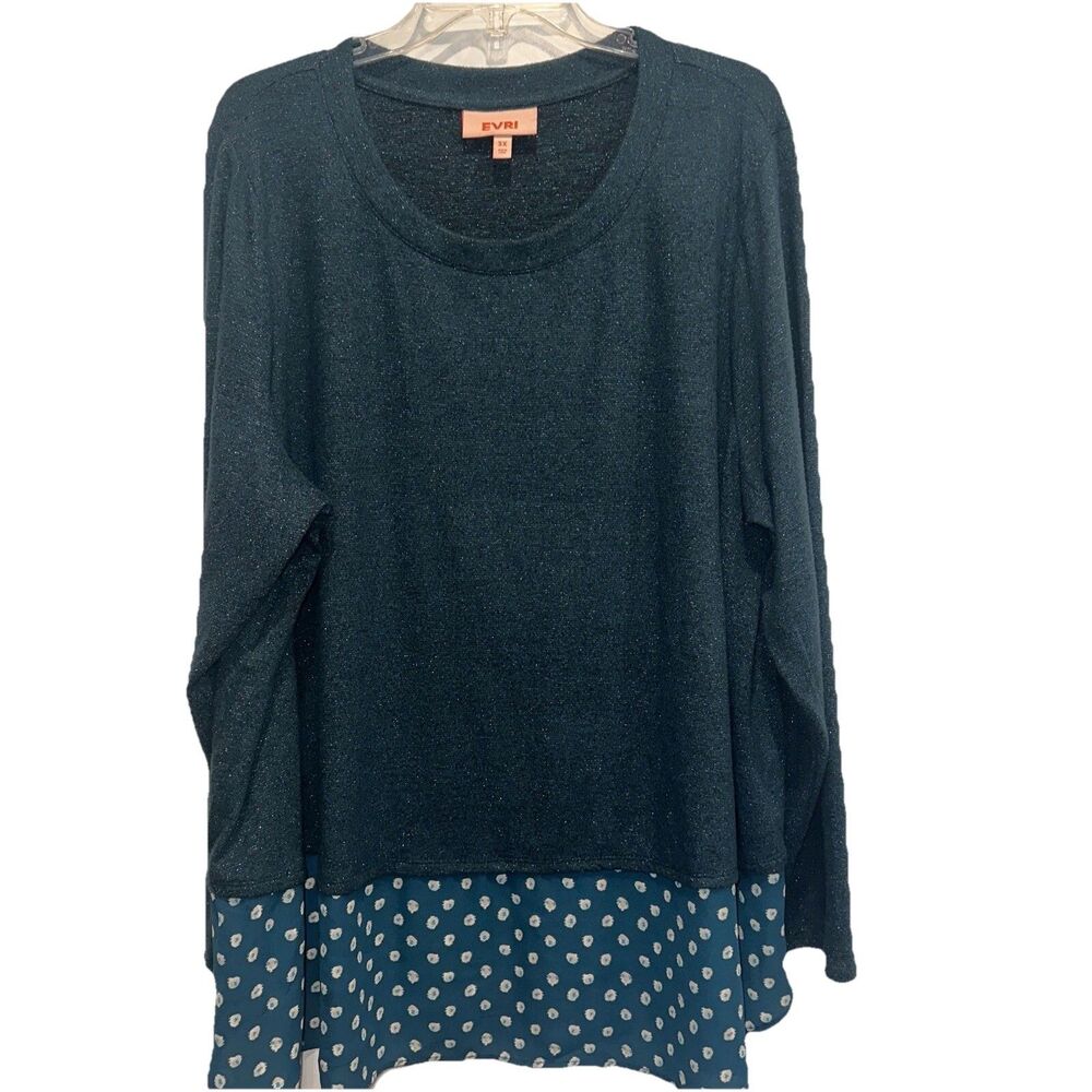 EVRI Women’s Plus 3X Long Sleeve Tunic Metallic Knit Top Floral Pullover